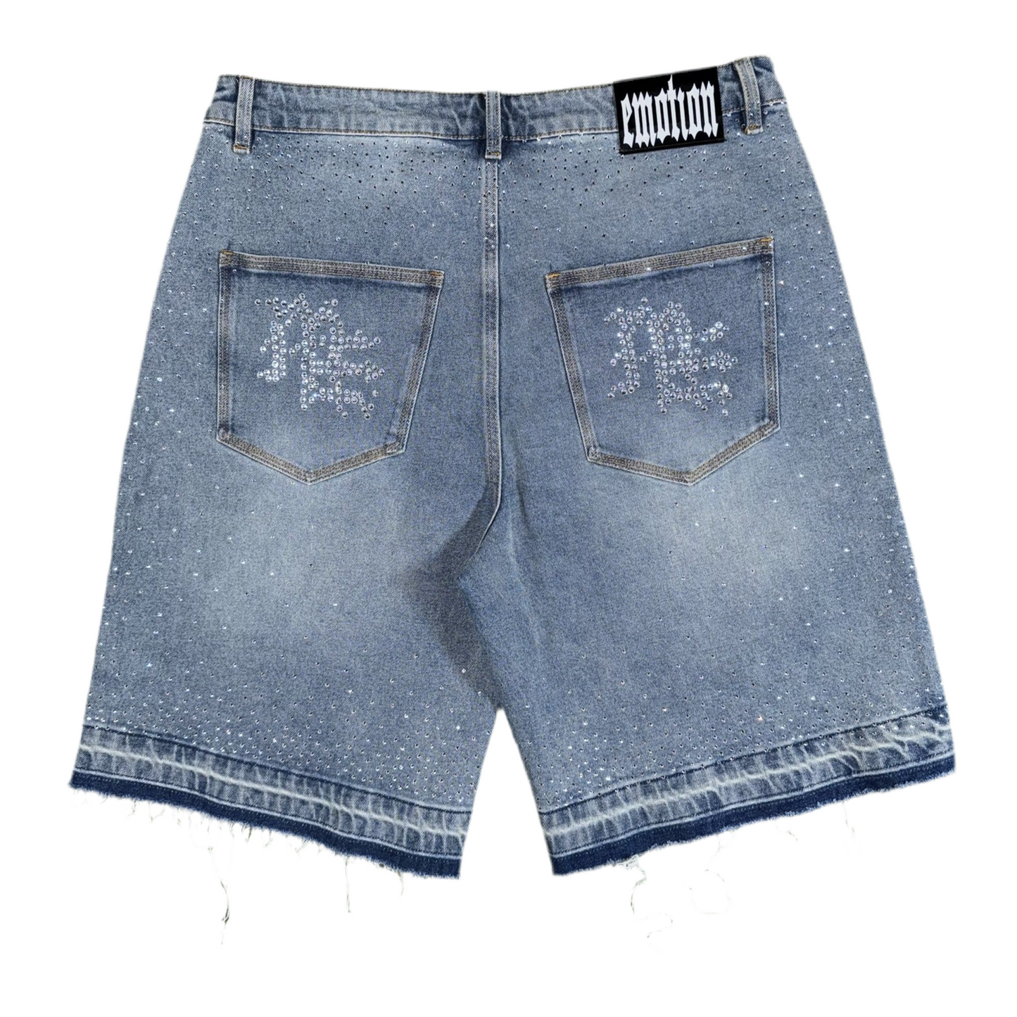 Mixed Emotion ‘ME’ Rhinestone Denim Shorts, Back