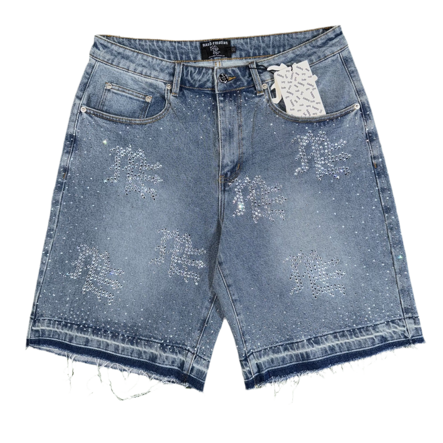 Mixed Emotion ‘ME’ Rhinestone Denim Shorts, Front