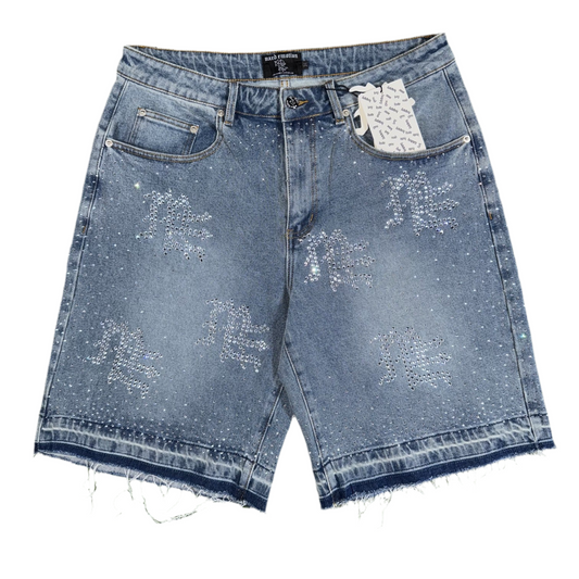 Mixed Emotion ‘ME’ Rhinestone Denim Shorts, Front